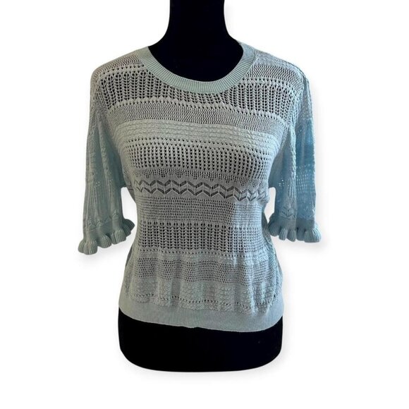 y2k turquoise mint green crochet knit eyelet pointelle 3/4 sleeve top coquette - Picture 1 of 9